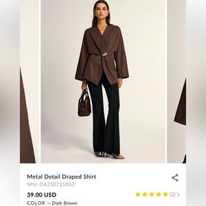Commense Brown Draped Blouse with Metal Accent